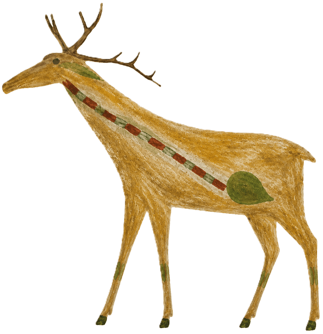 Elk artwork with antlers and a striped heartline reaching its heart