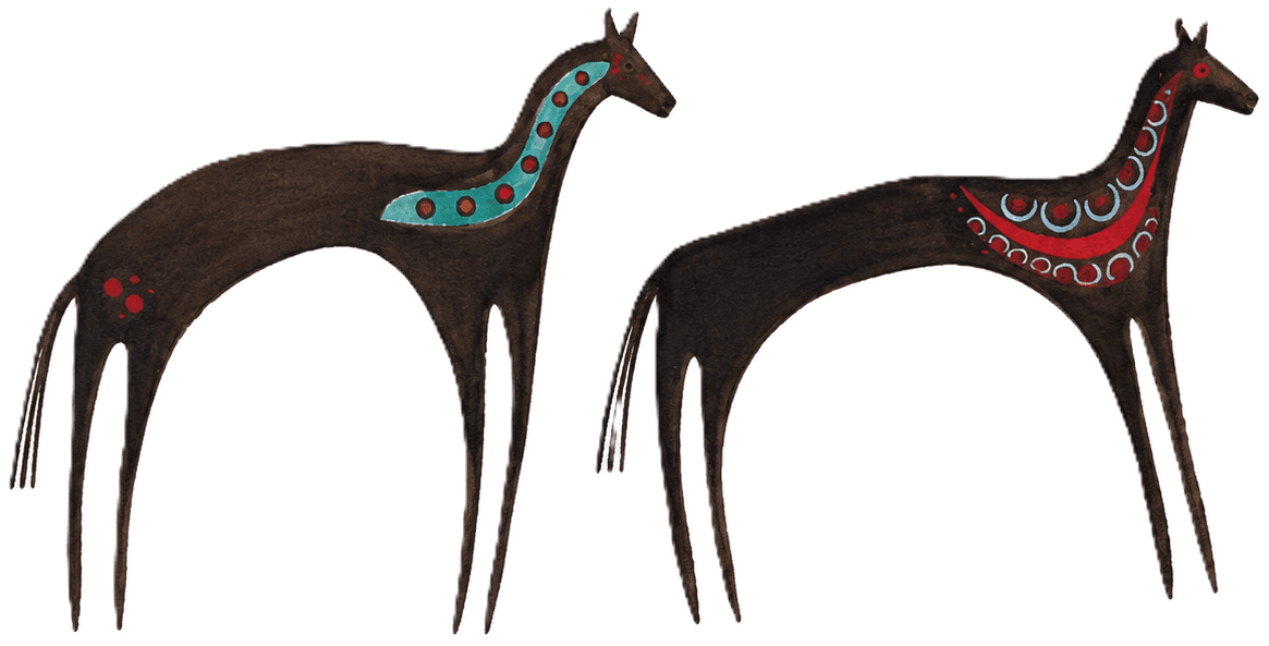 Two horse artworks standing together with painted markings